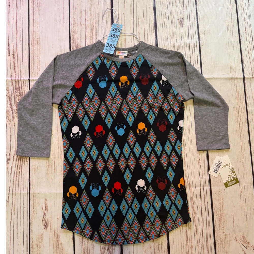 LuLaRoe Disney Randy Tee Minnie Mouse Diamond Print Raglan Grey Multi XS